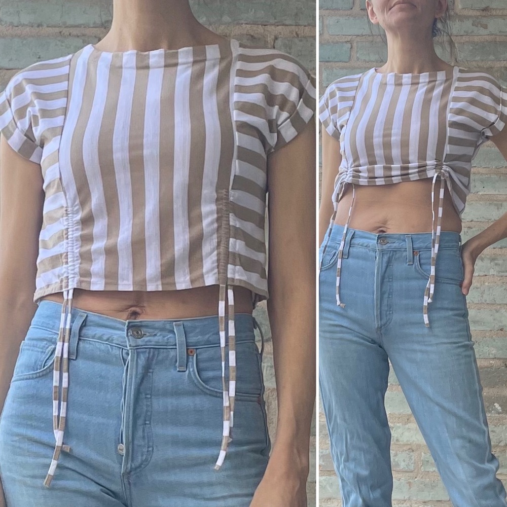 Vintage Crop Top 80s Tan White Stripe Ruched Drawstring Tie Muscle Tee S